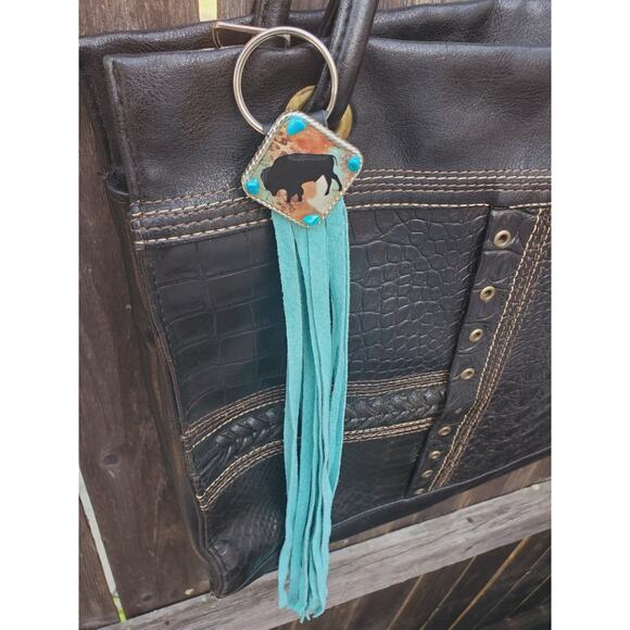 Handmade boho buffalo Leather Fringe Western bag charm, Long fringe keychain - Picture 3 of 5